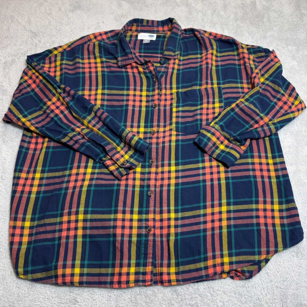 Old Navy Boyfriend Flannel Shirt Womens XXL Navy Blue Multi Color Plaid Cotton